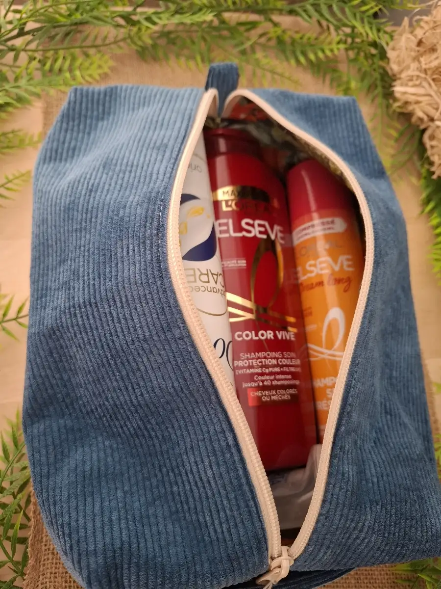 Trousse de toilette velours bleu canard